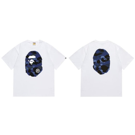 White BAPE T-Shirt with Blue Camo Ape Head (Front & Back)